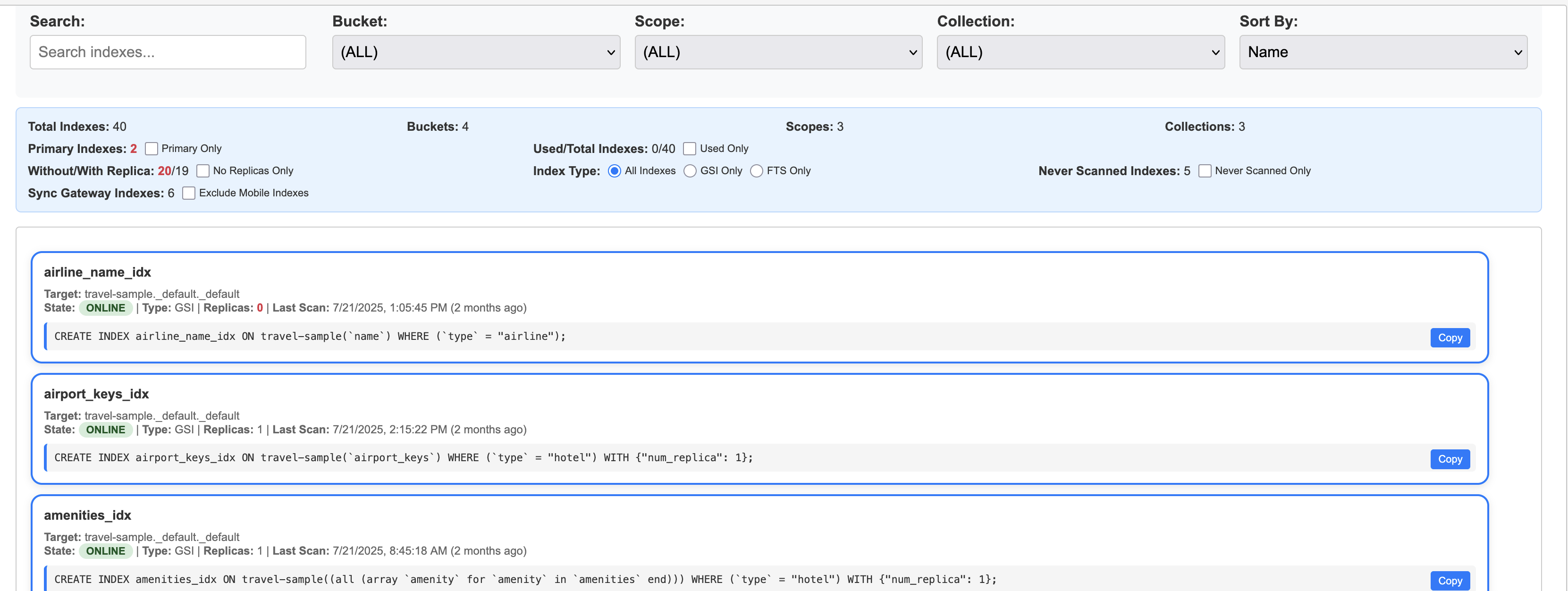 Indexes screenshot